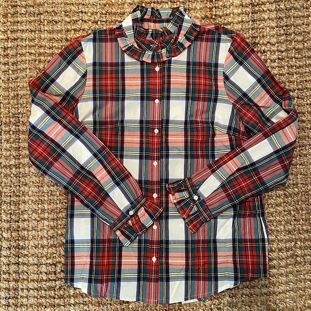 J. Crew Ruffleneck Classic-Fit Boy Shirt In Snowy Stewart Tartan, NWT S